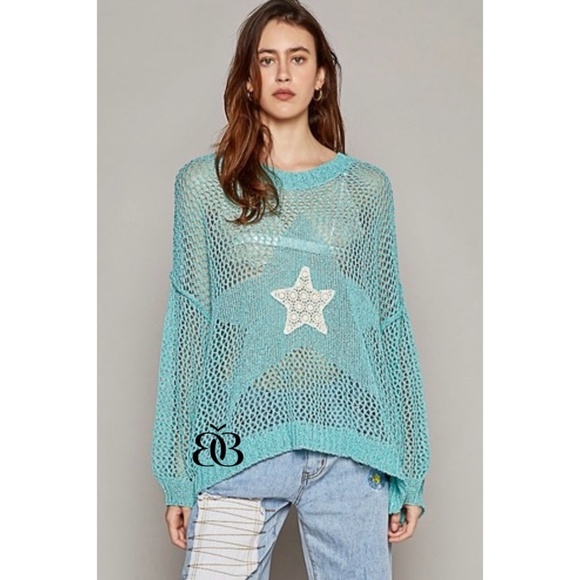 POL Blue Oversized Open Knit Sweater with Center Star Patch - Picture 4 of 11